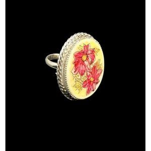 Vintage Signed Verna Sterling Silver Ring Two Flowers Floral Oval Size 5.5
